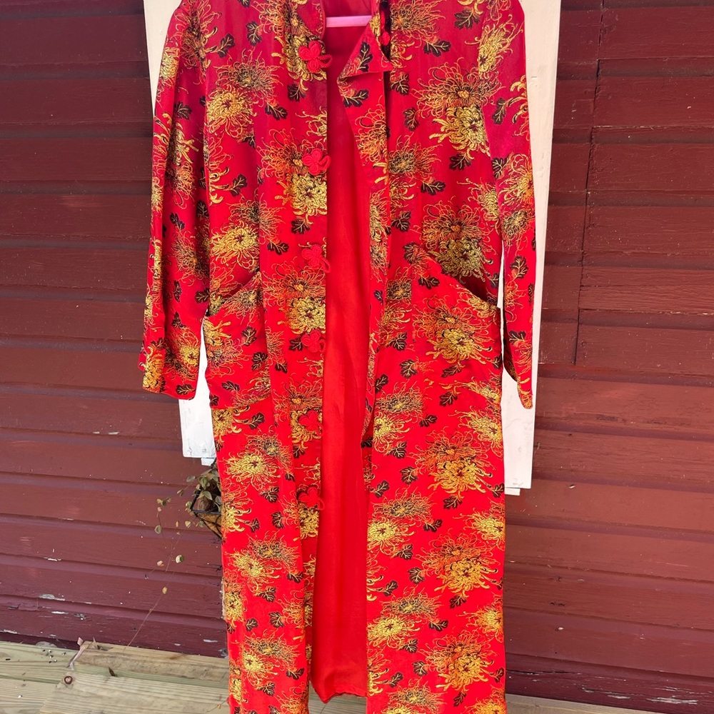 Vintage Japanese Floral Red and Gold Long Coat